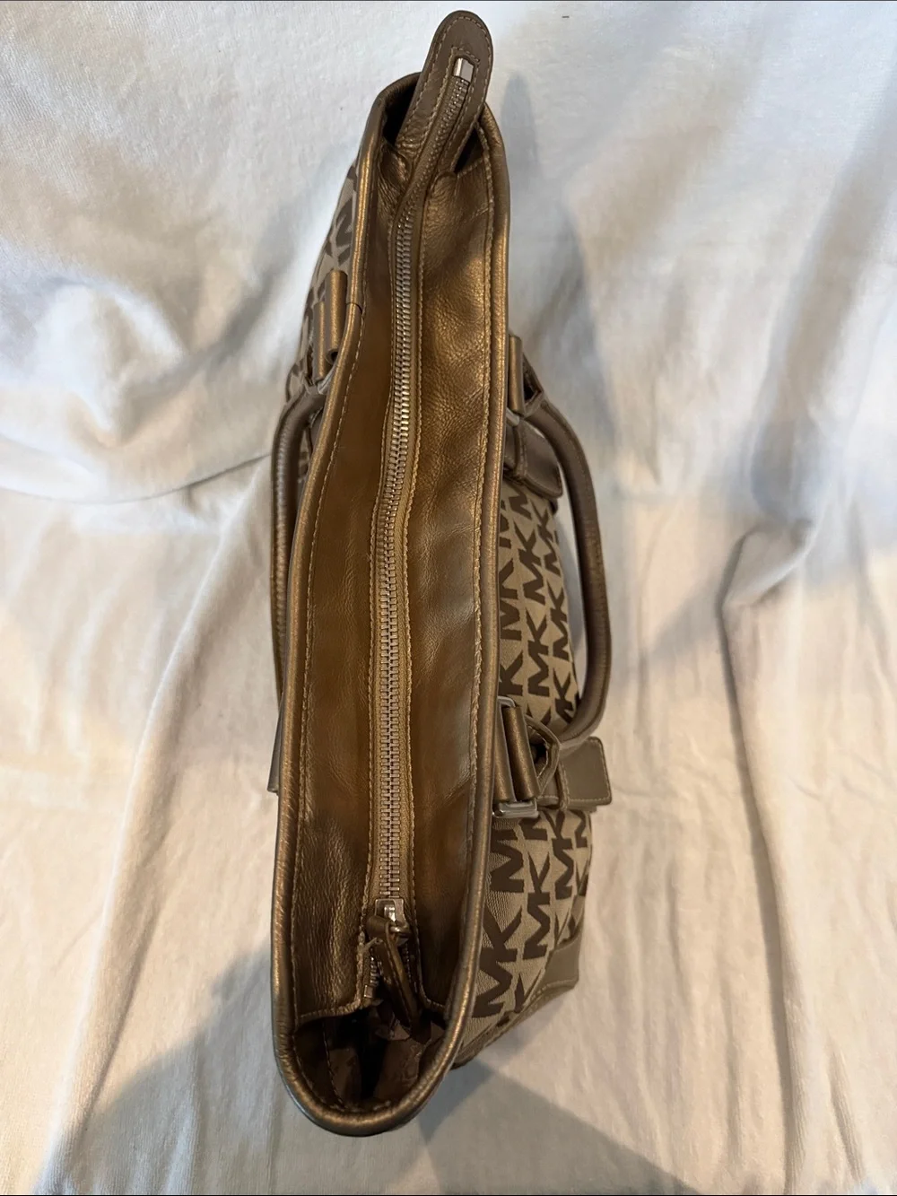 Michael Kors MK Logo Tan  Tote with Metallic Gold Trim